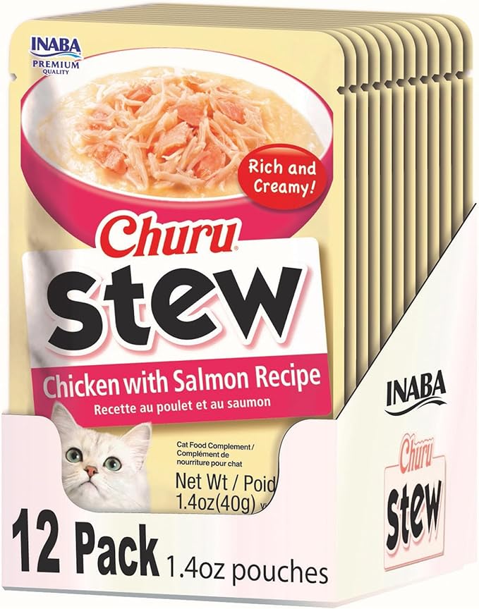 INABA Churu Stew for Cats, Side Dish Pouch with Vitamin E, 1.4 Ounces per Pouch, 12 Pouches, Chicken with Salmon Recipe