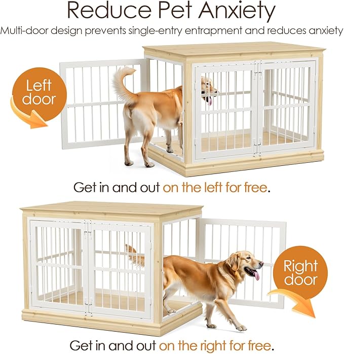 Dog Crate Furniture for Dogs - 42inch Large Dog Crate Sideboard and TV Stand, Solid Wood Chew-Proof and Silent Latches Design for Large and Medium Dogs, Wood Dog Kennel-(White+Natural)