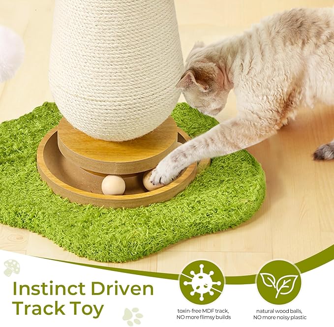 Cat Scratching Post, Mushroom Cat Scratcher with Interactive Ball Track Spring Ball Cat Toys,Durable Cute Sisal Cat Scratchers Post for Indoor Cats Adults Kitten with Stable Base