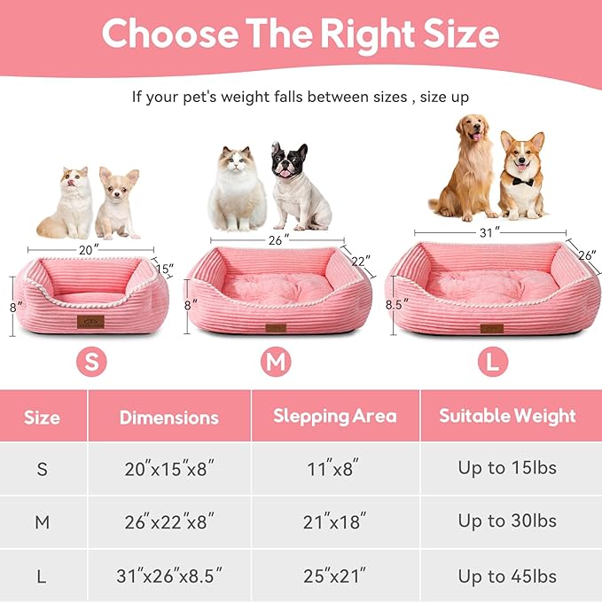 Cat Dog Bed for Pets, Rectangle Pet Bed Gift for Puppy and Kitten, Machine Washable Calming Fluffy Pet Couch Sofa for Indoor Outdoor, Portable Soft Cat Bed with Non-Slip Bottom (Small, Pink)