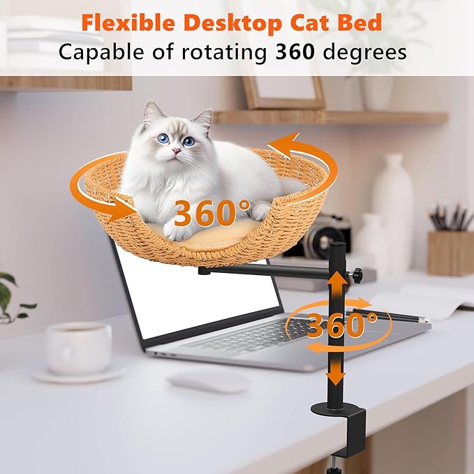 Large Cat Desk Bed, 360°Rotating & Adjustable,Supports 45 lbs,2 Seasonal Replacement Pad, Modern Indoor Cat Nest Furniture for Office Desks and Game Tables, Island Table
