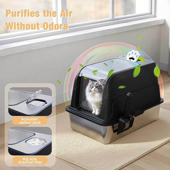 Stainless Steel Cat Litter Box Fully Enclosed, Extra Large Metal High Sided Cat Box with 120° Fully Transparent See-Through Flip Lid, Scoop & Mat - Black - XL