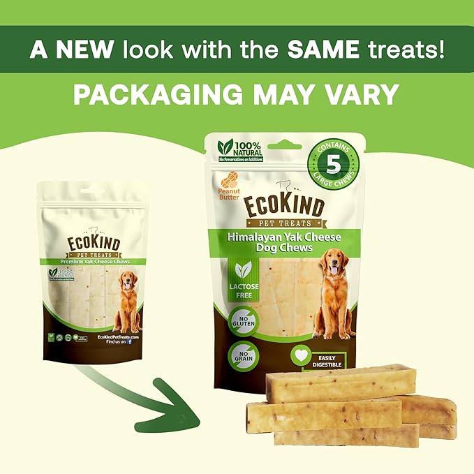 EcoKind Premium Gold Yak Cheese Himalayan Dog Chews, Dog Treats Large Breed, All Natural, High Protein Dog Chew, Peanut Butter, Large - 3 Chews