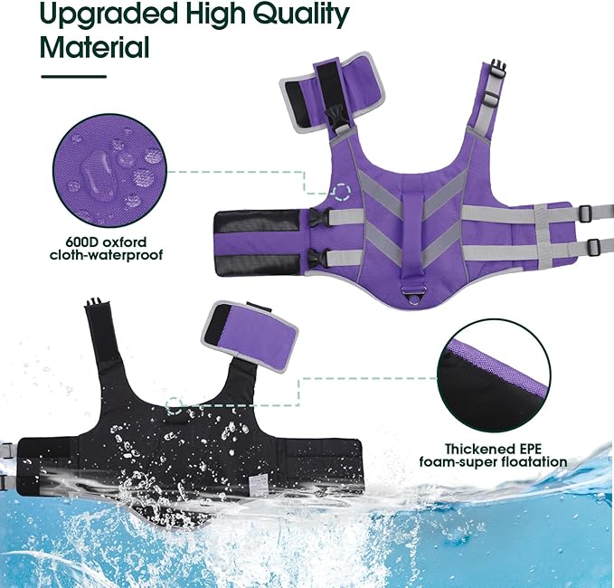 Kuoser Dog Life Jacket with Reflective Stripes, Adjustable High Visibility Doggie Water Vest Ripstop Puppy Lifesaver Pet Life Preserver for Small Medium and Large Dogs Puple XL