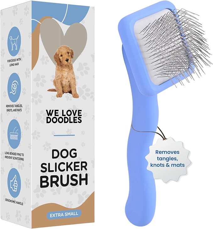We Love Doodles Dog Slicker Brush for Grooming Pet Hair - Best Brushes For Poodle & Golden Doodle - Long Haired Coat Hairbrush - Goldendoodle Long Pin Brush For Dematting (Extra Small)