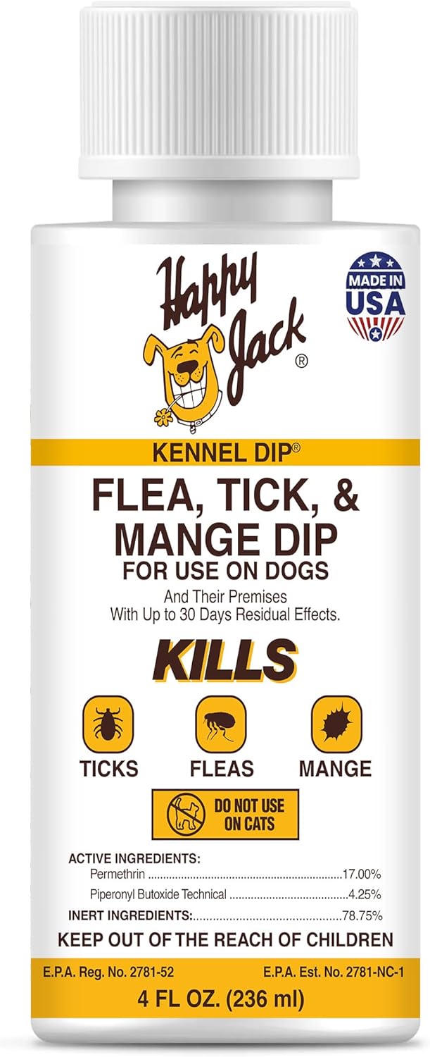 Happy Jack Kennel Dip Dog Flea and Tick Treatment & Prevention, Made in USA, Spray Yard & Home 30-Day Control, Kills Fleas, Ticks, Deer Ticks, Mange, Lice, for Puppies, Small to Large Dogs (4 oz)