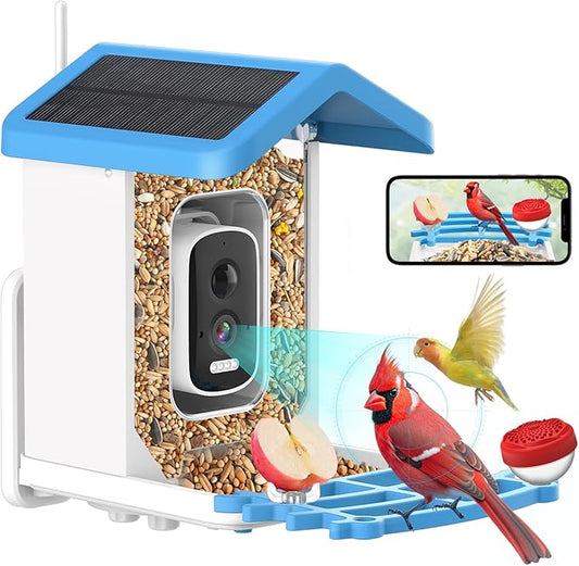 Bird Feeder with Camera Solar Powered: 2L Smart Bird Feeder, 2.5K Live Cam, AI Identification, Free 32GB Card, Waterproof Auto Video Capture for Outdoor Backyard – Gift for Festivals, Blue