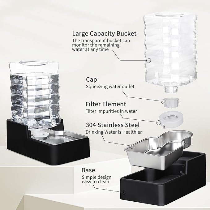 RIZZARI Stainless Steel Pet Water Feeder: 7L Automatic Leak-Proof Gravity Dispenser for Cats Dogs Indoor Outdoor Use（Black with Filter,7L）