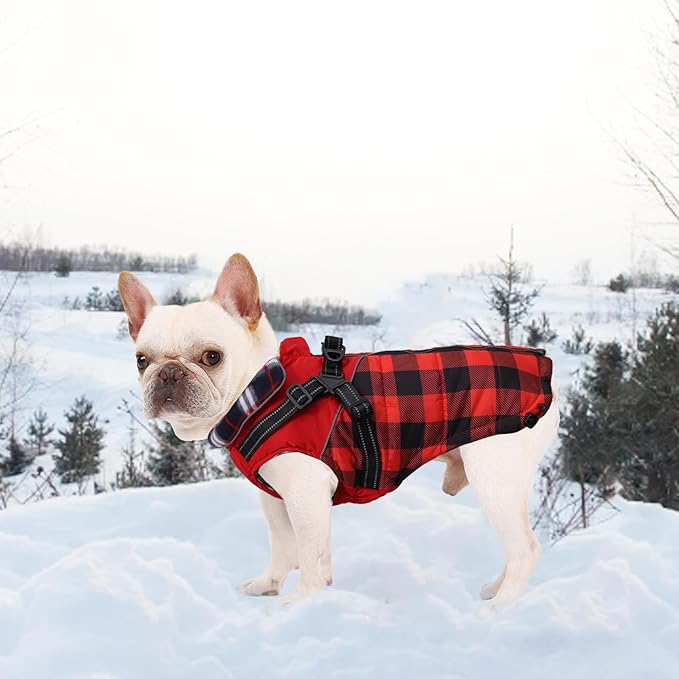 Dog Coat with Harness,Small Dog Winter Coat,Doggie Jackets with Built in Harness,Adjustable Warm Jacket for Medium Large Dogs,Pet Puppy Cold Weather Coats for Dogs Waterproof (PlaidRed, XX-Large)