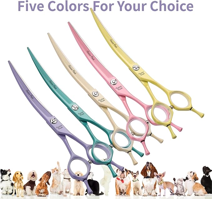 Fenice Peak Curved Dog Grooming Scissors with Green Color Coating 440C Stainless Steel Pet Grooming Bending Shears Sharp and Durable Comfortable Engonomic Handle