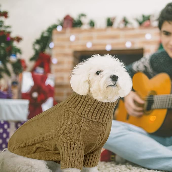 Queenmore Small Dog Pullover Sweater, Cold Weather Cable Knitwear, Classic Turtleneck Thick Warm Clothes for Chihuahua, Bulldog, Dachshund, Pug (Light Brown, X-Small)