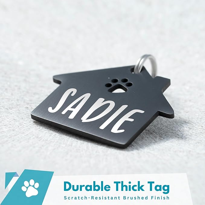 Ultra Joys Dog Tags Personalized for Pets - Hollow Paw Custom Pet ID Tag - Engraved Dog Tag for Small, Large Dogs - Small House in Black