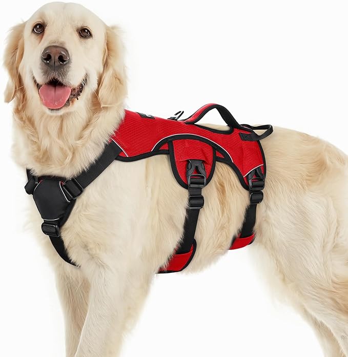 rabbitgoo Escape Proof Dog Harness, Soft Padded Full Body Pet Harness, Reflective Adjustable No Pull Vest with Lift Handle and Leash Clip for Large Dogs Walking Hiking Training, L, Red