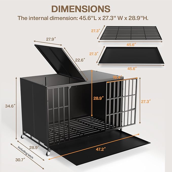 LEMBERI 48/42 inch Heavy Duty Indestructible Dog Crate, High Anxiety Extra Large Dog Cage for Large Dogs, XL Steel Escape Proof Dog Kennel with Wheels and Removable Tray (Black, 47.2*30.7*34.6 inch)