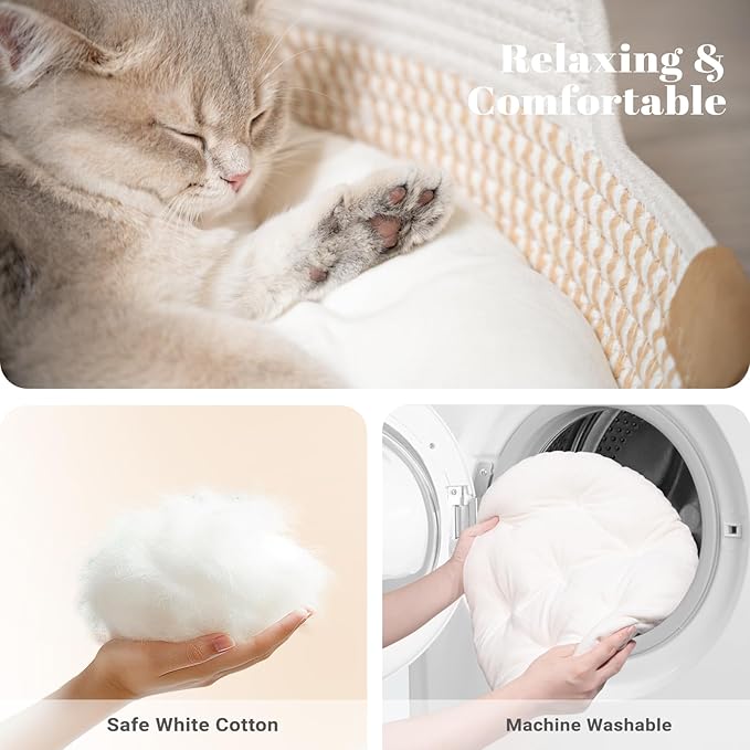 CHEERHOME PETS Cat Bed Basket with Cushion, Cute Pet Bed for Indoor Cats Couch, Kitten Bed for Medium and Large Cat, All Season Universal (White)