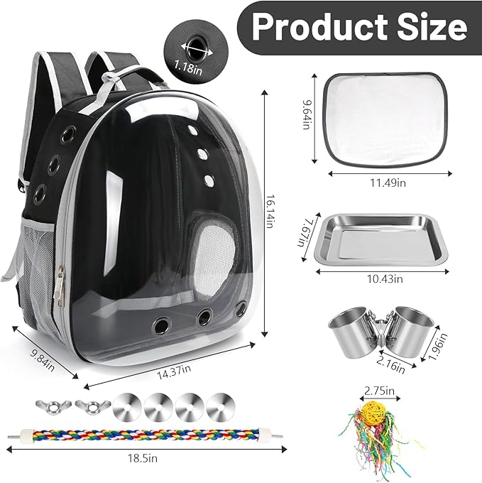 Bird Backpack Carrier, Travel Bird Cage for Small Medium Size Parrot Parakeet Budgies Cockatiel, Portable Clear Bubble Window Bag with Stainless Steel Tray Food Bolw Standing Perch (Black)