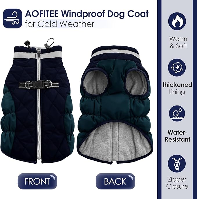 AOFITEE Dog Coat, Warm Dog Jacket, Reflective Winter Coats for Medium Dogs, Turtleneck Dogs Winter Jacket with Harness Built in, Waterproof Windproof Pet Fleece Vest Puffer Jacket, Navy M