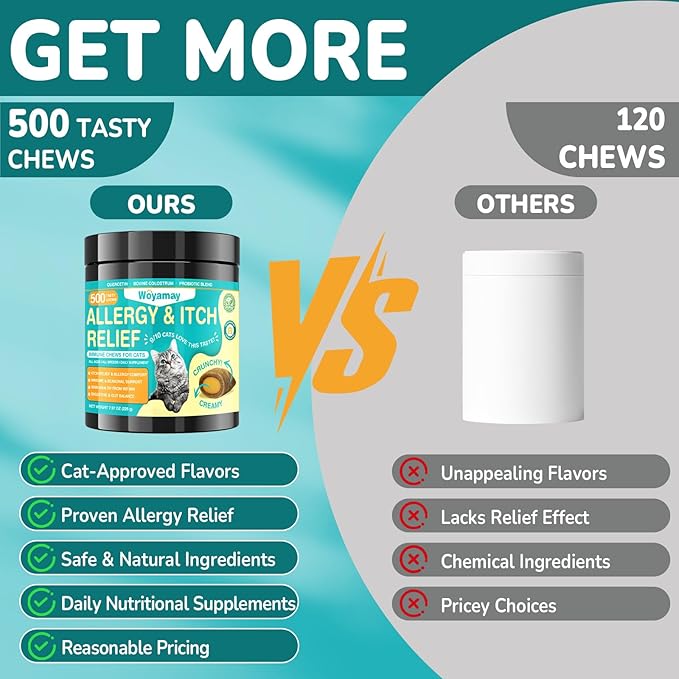 Cat Allergy Relief for Cats, 500 Crunchy & Creamy Anti-Itch and Immunity Chews for Itchy Skin, Paws, Eyes, Ears| Stop Licking & Scratching, Supports Seasonal Itching, Chicken Flavor