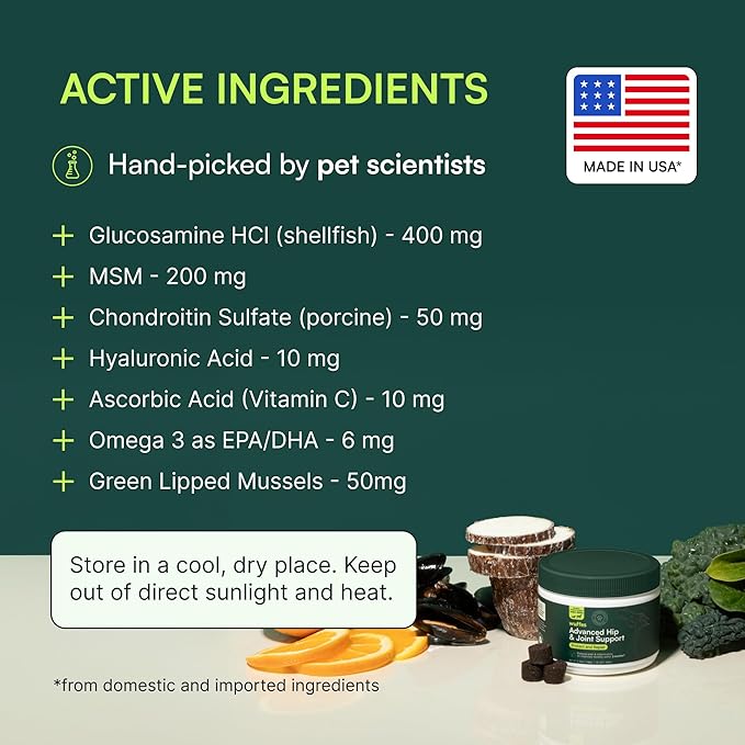 Wuffes Advanced Dog Hip and Joint Supplement with Glucosamine, Chondroitin, Omega 3, MSM, and Green Lipped Mussel, 120 Pork Flavored Chews for Small Dog Breeds