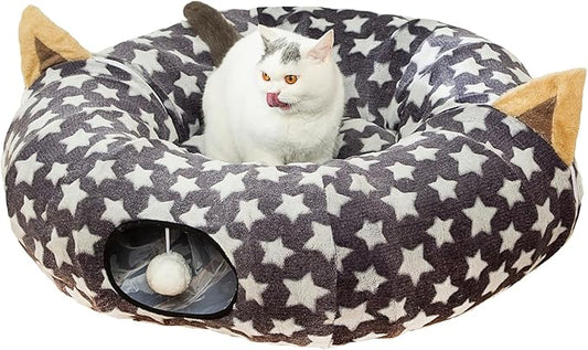 LUCKITTY Large Cat Tunnel Bed Under Christmas Tree with Fluffy Toy Balls, Small Cushion and Flexible Design- 10 inch Diameter, 3 ft Length- Great for Cats, and Small Dogs, Gray Star Pattern