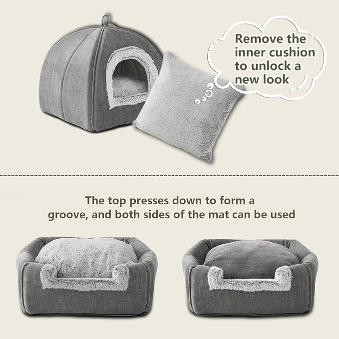Cat Bed Cave-Cat Beds for Indoor Cats,Kittens and Large Pets,Foldable and Washable with Removable Cushioned and Anti Slip Bottom(Large,Grey)