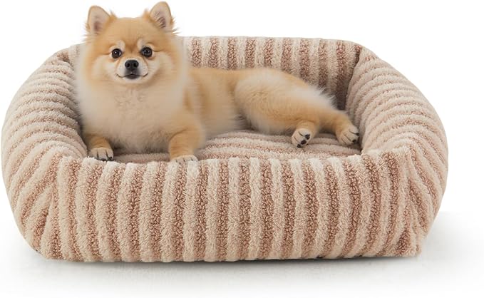 MIXJOY Dog Bed for Medium Small Size Dog, Washable Medium Dogs Bed with Removable Cover, Rectangle Doggy Ded Fluffy Plush Faux Fur Pet Bed with Anti-Slip Bottom, 25"x21"x7", Beige