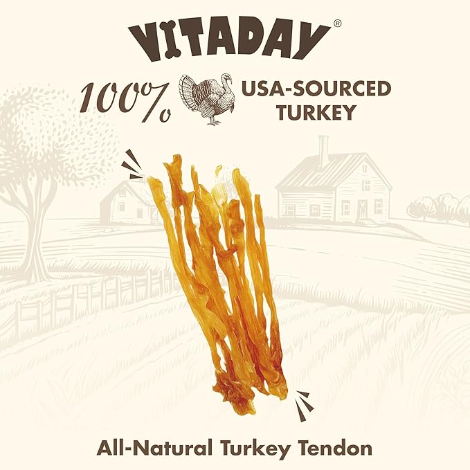 Turkey Tendon Strip 3 oz, 100% Natural, USA-Sourced Turkey Tendon, High-Protein, Low-Fat, Long-Lasting Dog Chew, Rawhide Alternative, Hypoallergenic Puppy & Dog Treats