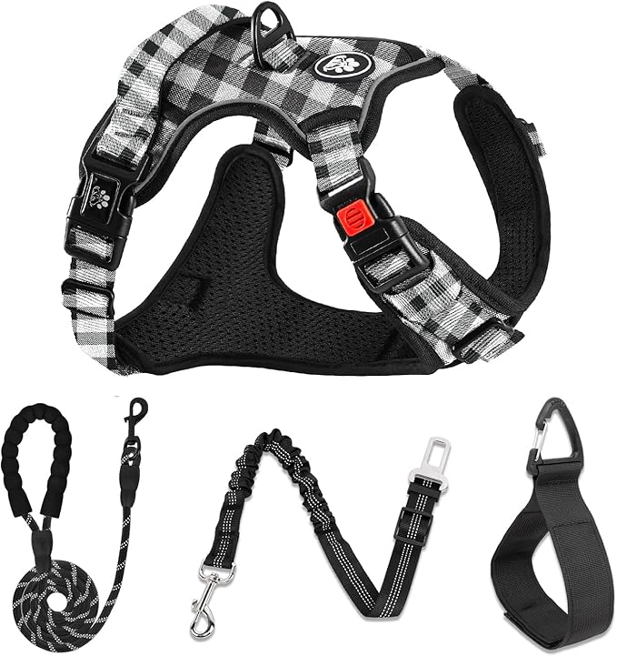 NESTROAD Dog Harness (Checkered Black,S) with Leash, Reflective, Adjustable, Soft Padded, Easy Control Handle, for Small Dogs, Front & Rear Clip Design