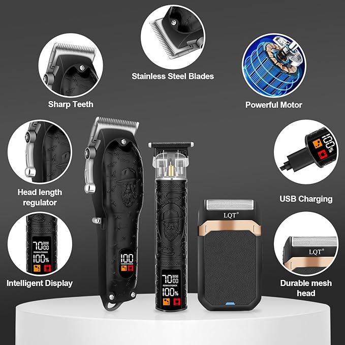 Professional Hair Clipper Set for Men Electric Shaver Razor Cordless Hair Cutting Barber Clippers Beard Trimmer Men’s Grooming Kit Gifts for him (Black)