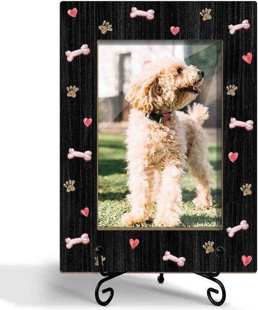 Dog Picture Frame Dog Paw Print Photo Frame, Gifts for Pet Owner Pet Lover, Wooden Picture Frame with Stand, 4"x6" Photo Frame for Tabletop Display, Home Office Desk Decor Shelf Display/XK62