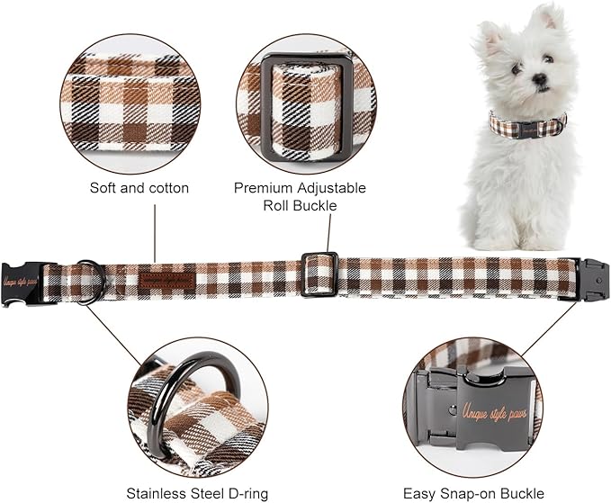 Unique style paws Dog Collar Metal Buckle Collar Gift for Small Medium Large Boys Girls Dogs, brown plaid