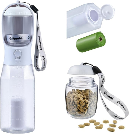 Dog Water Bottle with Food Container & Poop Bag Holder, Travel Water Bowl, Portable Pet Dispenser, Dog Gifts Stuff Accessories Items, Puppy Essentials for Yorkie Chihuahua Walking Hiking