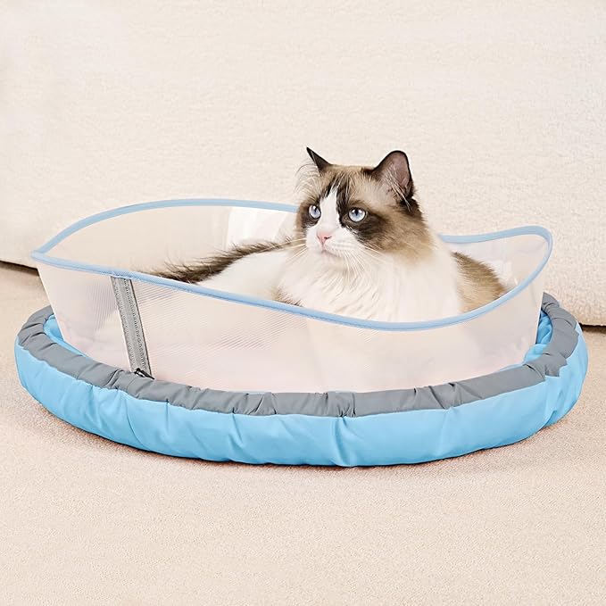 Cat Bed Kitten Bed, Round Donut Pet Bed Gift for Cats, Puppy, Small Dog, Calming Fluffy Cat Couch Sofa with Hard Protective Shieldfor Indoor Outdoor (Blue，18 Inches)