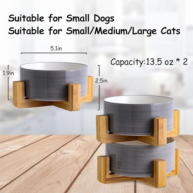 Petygooing Ceramic Cat Dog Bowl Set with Stand,Small Dog Bowls,Pet Food and Water Dish, Anti Slip Set of 2 Cat Bowls-Cute Modern Pet Food Dish Small Size (13.5OZ/5.1 in) Grey White