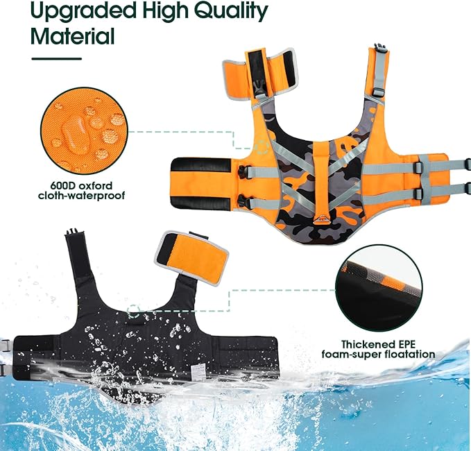 Kuoser Dog Life Jacket, High Visibility Ripstop, Adjustable for Medium Dogs, OrangeCamo