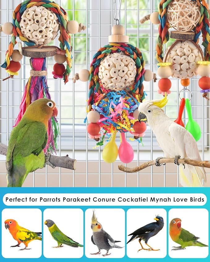 Bissap 3PCS Bird Parrot Foraging Shredder Hanging Toys Sola Balls with Sand Hammer for Small Parrots Parakeets Conures Cockatiels Love Birds Cage Toy