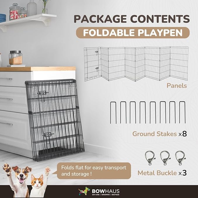 Foldable Outdoor/Indoor Pet Playpen with Gate, Available in 30 Inch Height Metal Portable Kennel, Heavy-Duty Exercise Fence Cage 8 Panels for Medium Dog, Animals