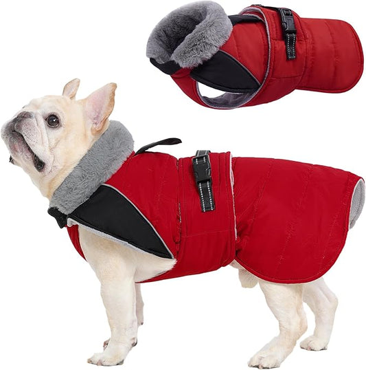 Nanaki Small Dog Coat for Winter Waterproof, Warm Fleece Lining Furry Collar Dog Jacket with Leash Hole, Reflective Adjustable Cold Weather Puppy Jacket Vest, Pullover Pet Snow Suit Male Female,Red S