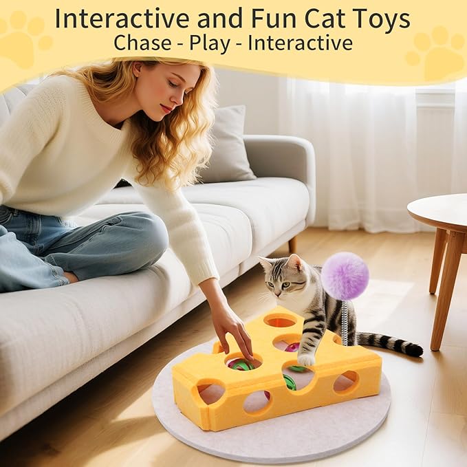 Interactive Felt Cat Toy Box for Indoor Cats,Puzzle Toy with 3 bell Balls & Spring Teaser Pet Games Self Play Fun Exercise Hide Seek Moving Cat Toy for Bored Cats Encourages Hunting Instincts (Yellow)