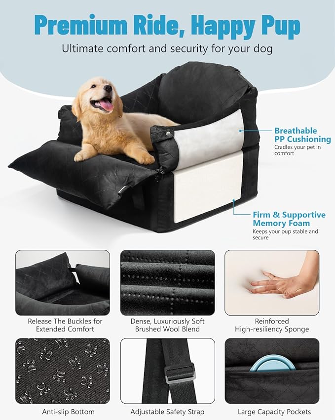 EASTBLUE Dog Car Seat for Small Medium Dogs Up to 35 lbs, Memory Foam Dog Booster Car Seat with Seatbelt, Detachable Washable Pet Carseat for Puppy & Cat, Dogs Travel Bed for Cars (Black)