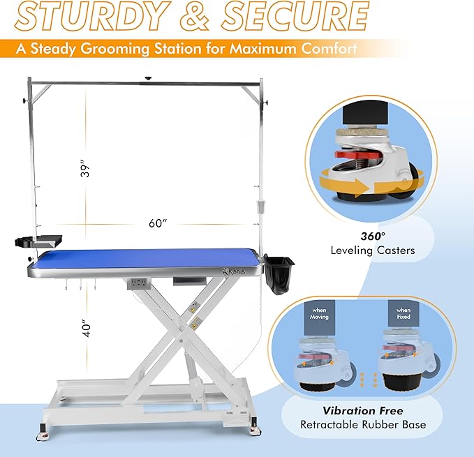 KANIS Professional Electric Dog Grooming Table - Heavy Duty, Height Adjustable Pet Grooming Table w/Leveling Wheels, Grooming Arm, Anti Slip Tabletop & Tool Organizer/Dog Grooming Station (60", WHITE)