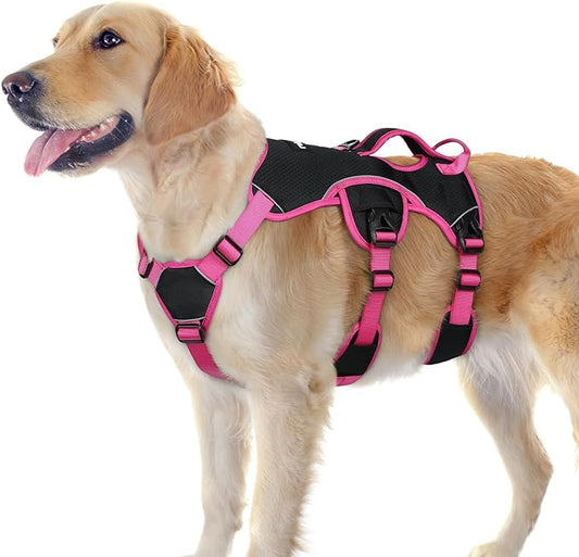 rabbitgoo Escape Proof Dog Harness Large Dogs, Soft Padded Full Body Pet Harness, Reflective Adjustable No Pull Vest with Lift Handle and Leash Clip for Walking Hiking Training, Pink & Black, L