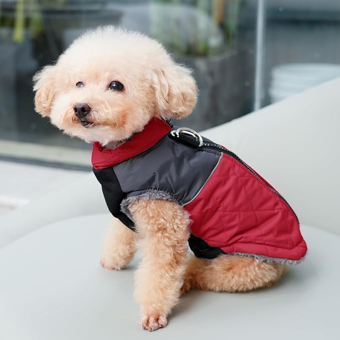Warm Fleece Dog Coats for Medium Dogs,D-Rings Waterproof Puppy Jacket for Cold Winter,Red L