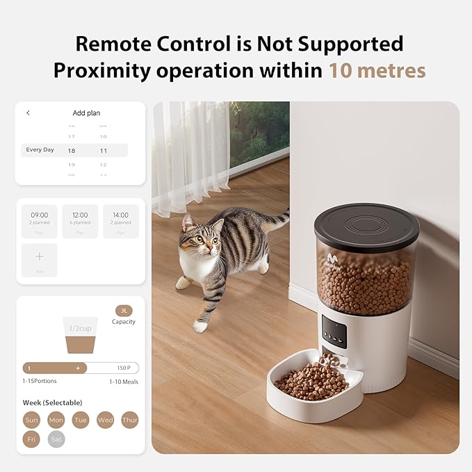 IMIPAW Automatic Cat Feeder, 3L Timed Dry Food Dispenser with Desiccant, Programmable Portion Control, Dual Power Backup, 10 Meals Daily, 15 Portions Per Meal, Suitable for Small Pets, Easy Setup
