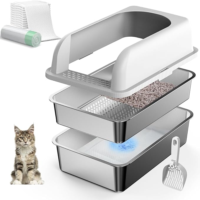19.6''x13.7''x12'' Stainless Steel Litter Box with Lid, Sifting Cat Litter Box for Pine Pellets, High Sides Metal Litter Pan for High Peeing Cats, Anti-Leakage, Easy Cleaning, Less Tracking