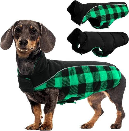 Kuoser Dog Winter Coat, Reversible Waterproof Dog Jacket with Reflective Strip, Warm Dogs Fleece Vest Adjustable Doggy Cold Weather Clothes Plaid Christmas Outfit Pet Apparel for Small Dogs, Green XS