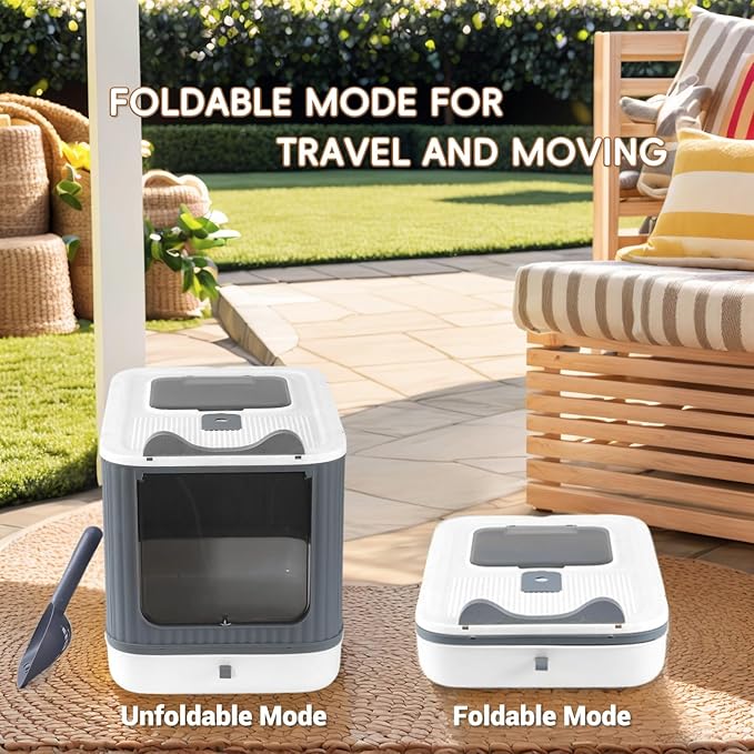 Foldable Cat Litter Box, Fully Enclosed Litter Box with Lid, Covered Kitty Kitten Litter Boxes Enclosure with Scoop, Odor Control, Easy to Clean, 3 Modes for Cat up to 12 lbs(White&Grey)