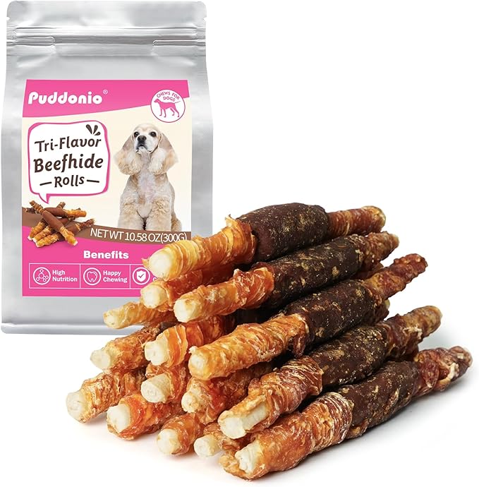 Dog Treats, Triple Flavor Rawhide Sticks, Chicken Duck and Chicken Liver Wrapped Rawhide Dog Chews, Suitable for Medium and Small Dogs, 10.58 oz
