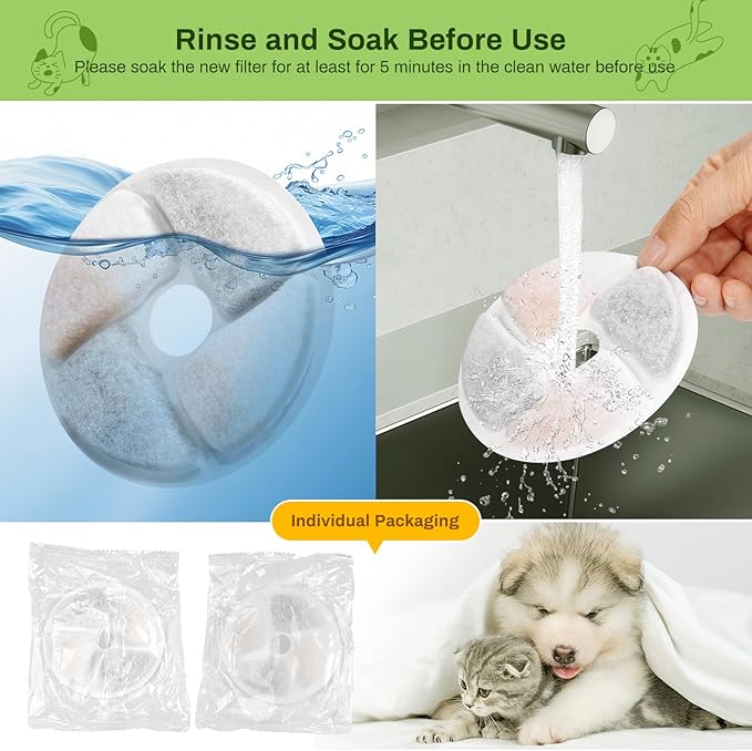 5 Pack Cat Fountain Filter Replacement for Square 2.2L/73oz Automatic Pet Water Fountain, Stainless Steel Cat Water Fountain Filters, Triple Filtration System, Activated Carbon Filters