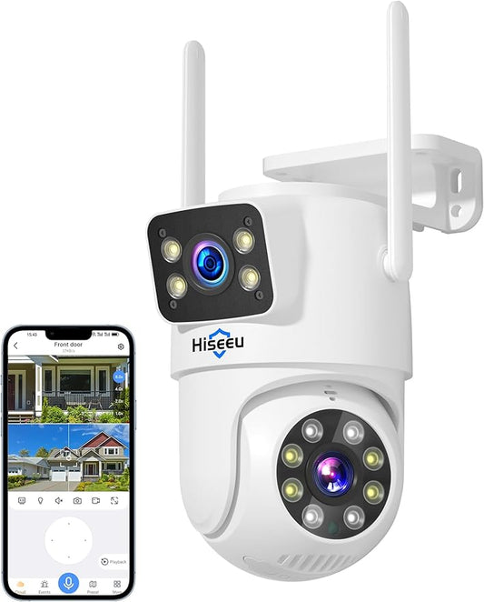 Hiseeu Wireless Security Camera Dual Lens 5G/2.4G WiFi PTZ Camera Outdoor,Power Cord,IP65 Waterproof Motion Tracking,Color Night Version, No-Monthly Fees Works with Wireless Camera System